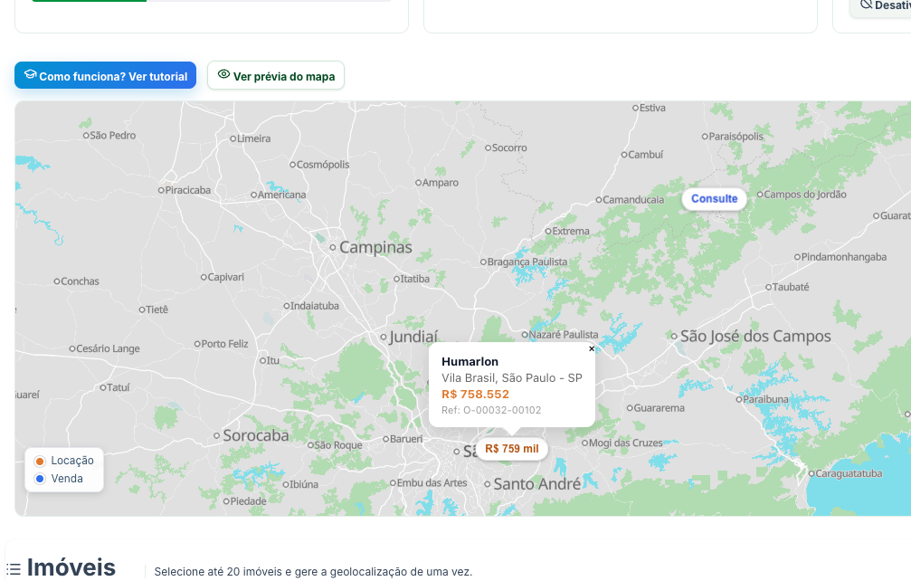 Prévia do mapa exibindo os imóveis posicionados por localização