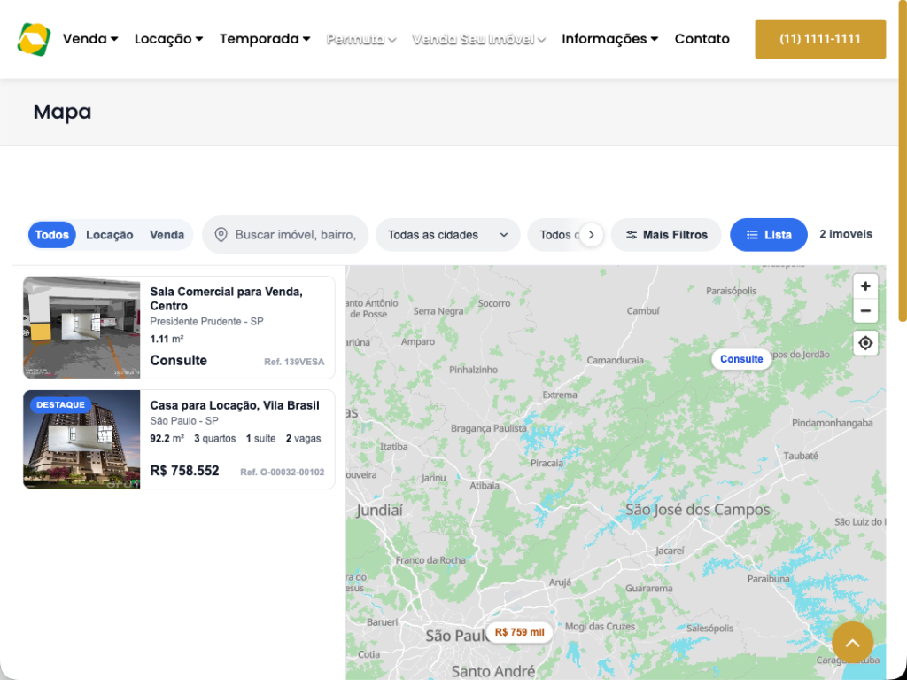 Mapa de Imóveis publicado no site, com busca, filtros e listagem lateral dos resultados