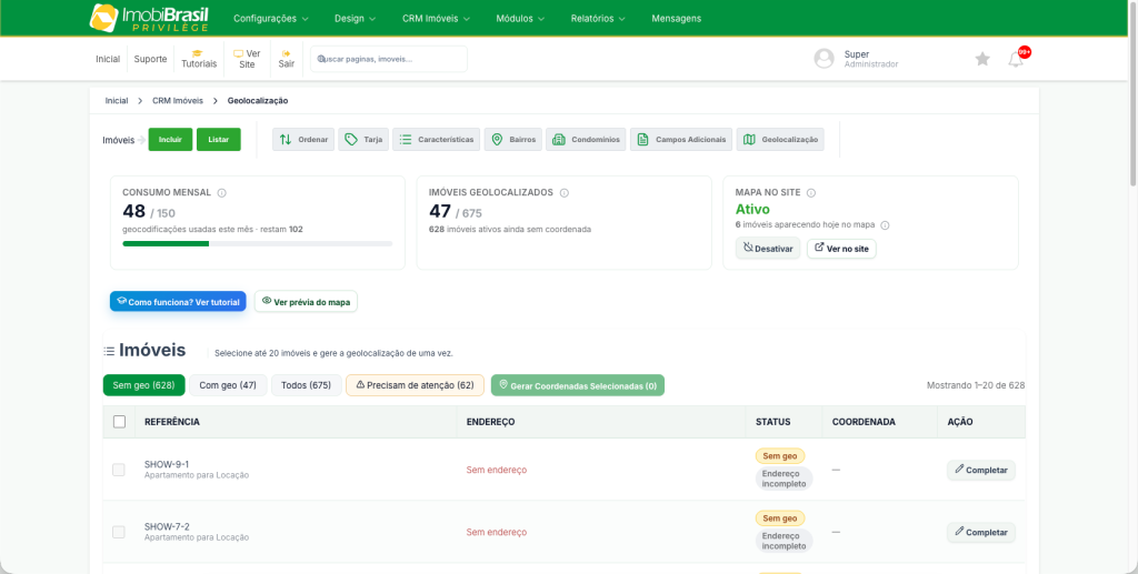 Tela de Geolocalização no CRM, com o consumo mensal de geocodificações e o total de imóveis com coordenadas
