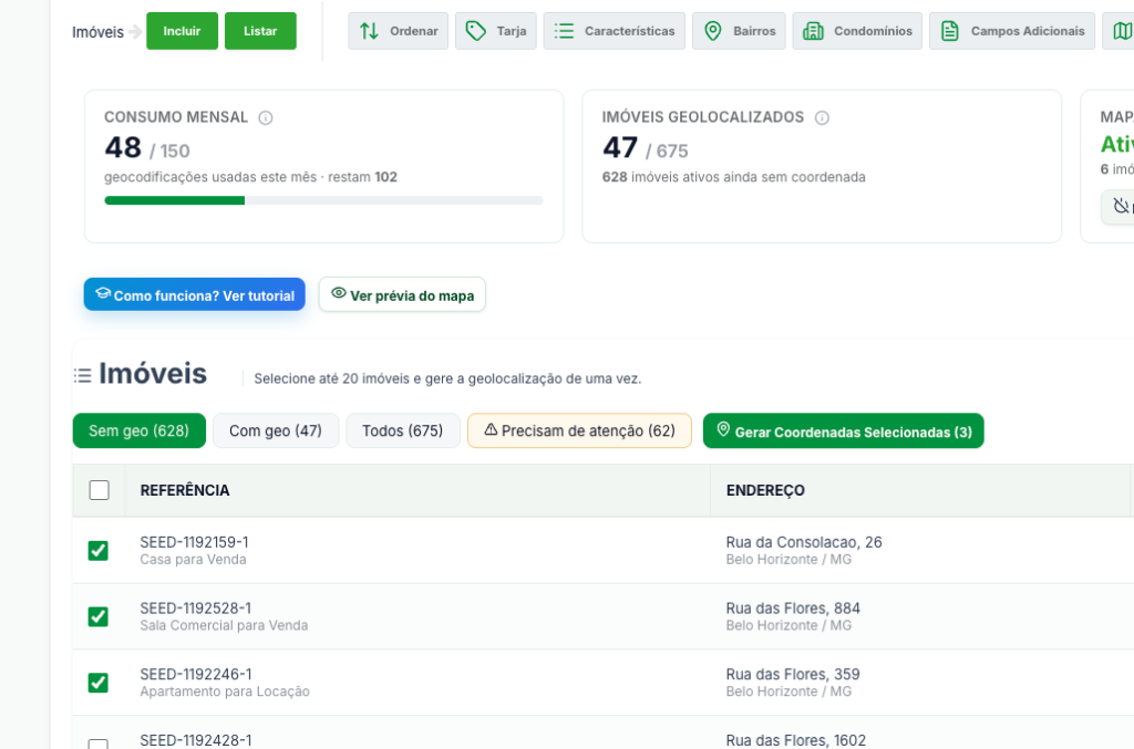 Lista de imóveis sem coordenadas com a opção de seleção em lote na tela de Geolocalização