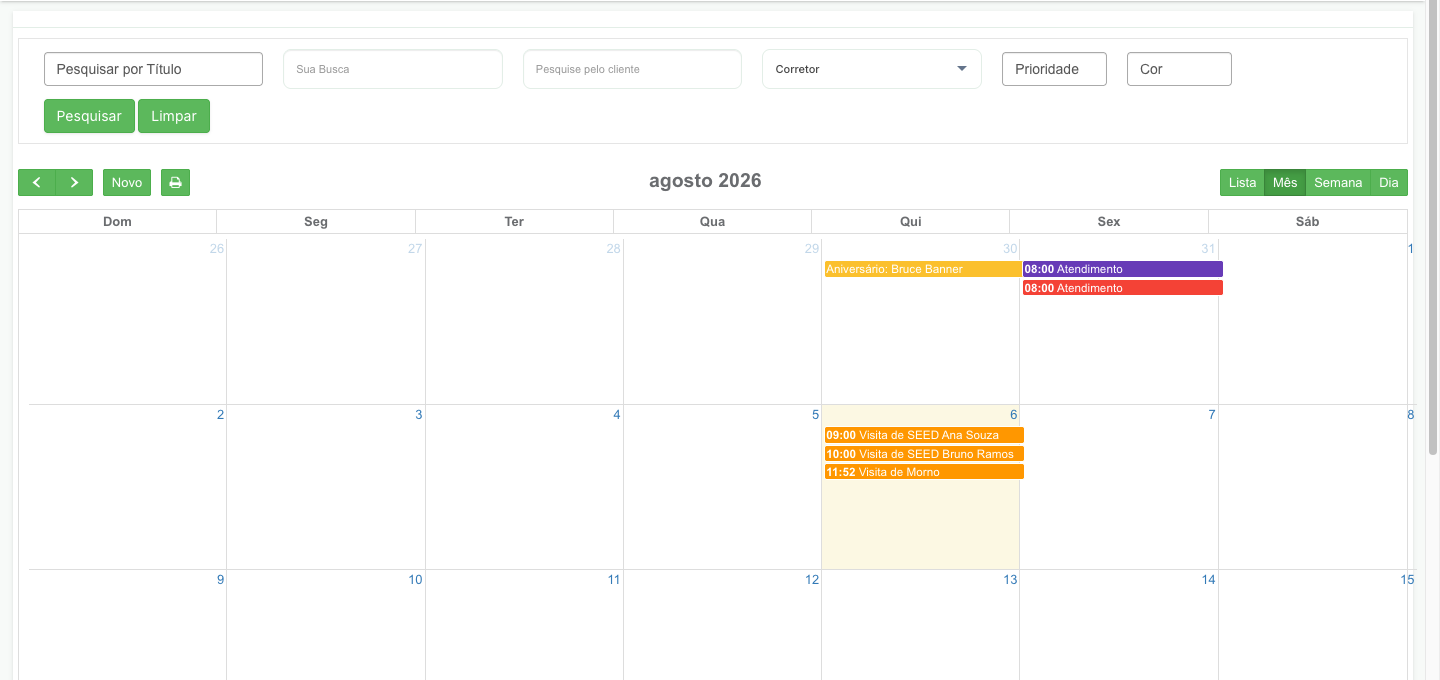 Tela Agenda em visão de mês, com os filtros no alto, o botão Novo e os compromissos coloridos por tipo em cada dia