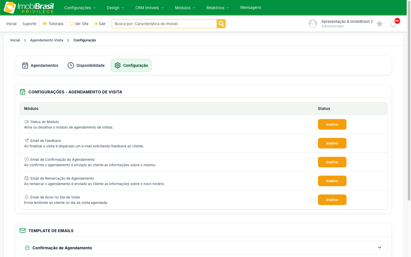Tela de configuração do agendamento de visitas com os interruptores de módulo e de e-mails