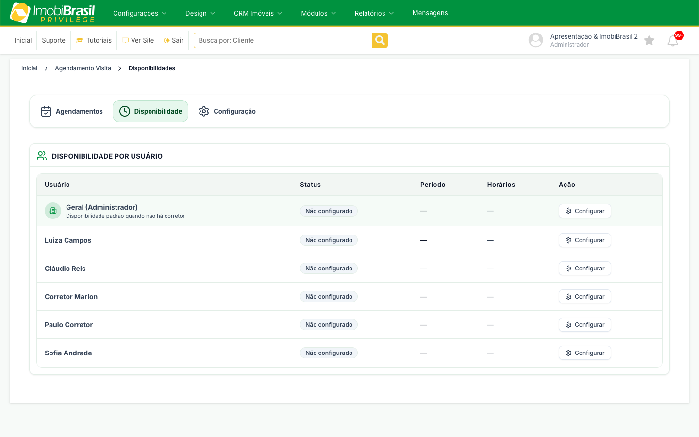 Lista de disponibilidade por usuário, com a linha Geral e um botão Configurar por corretor