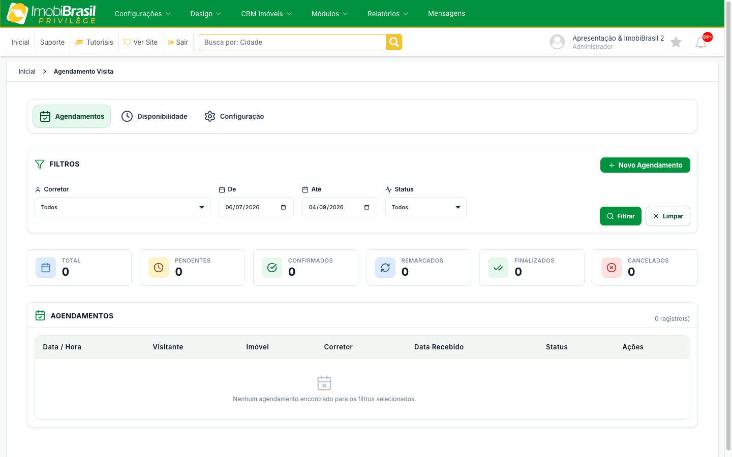 Listagem de agendamentos de visita com filtros e os contadores por status