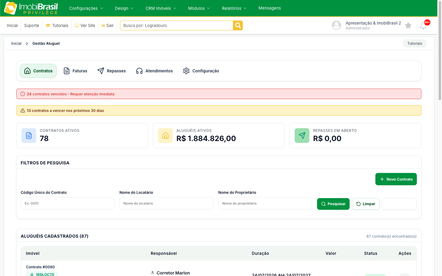 Tela de contratos da gestão de aluguéis com avisos de vencimento, cards de resumo e filtros