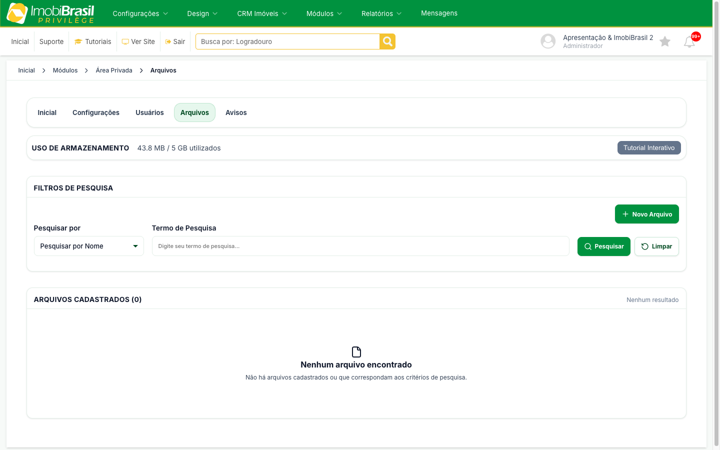 Lista de arquivos da Área Privada com o uso de armazenamento e os filtros