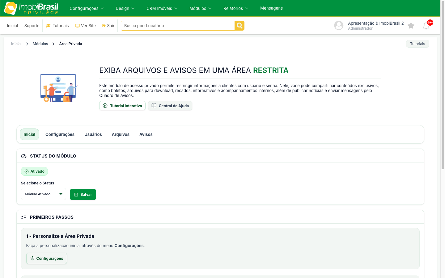 Tela inicial da Área Privada com o status do módulo e os primeiros passos