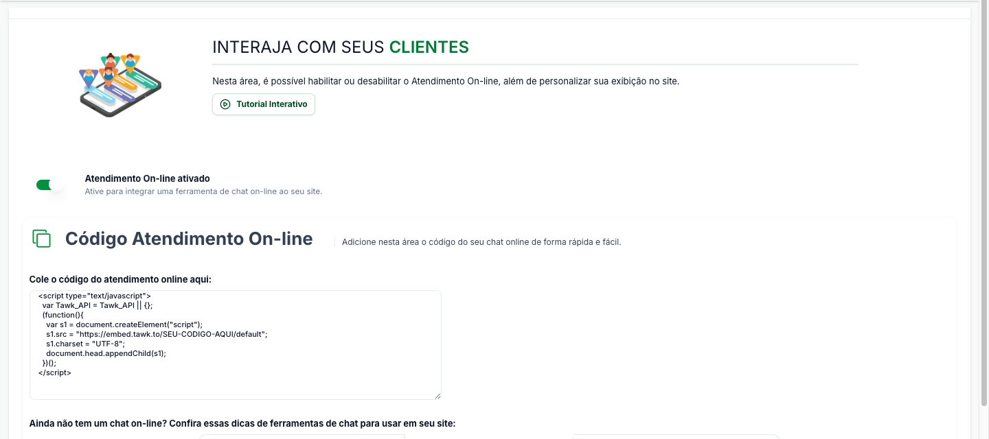 Tela Atendimento On-line, com a chave que ativa o módulo e o campo onde se cola o código do chat