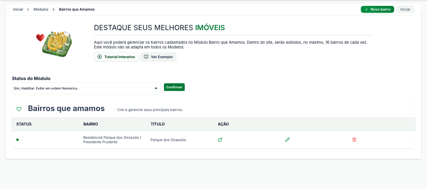 Tela Bairros que Amamos, com o status do módulo e a lista de bairros cadastrados