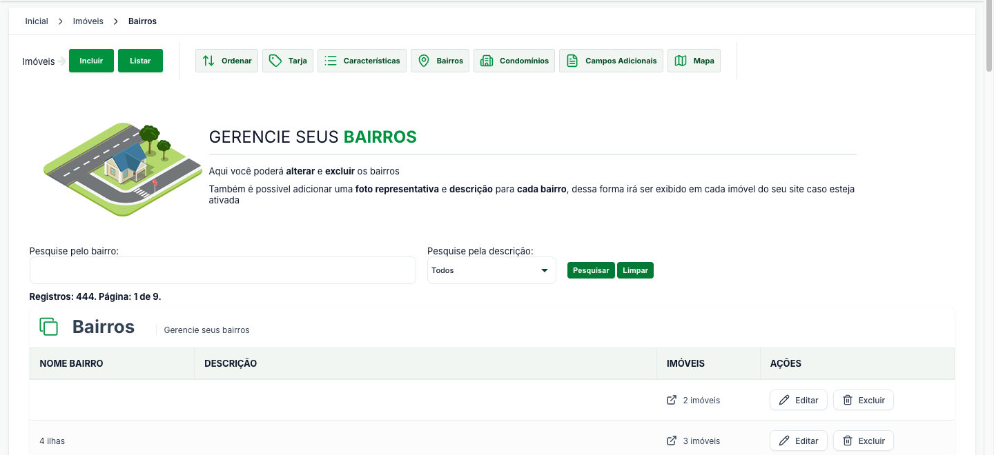 Tela Bairros, com a busca por nome e descrição, o contador de registros e a lista com nome, descrição, quantidade de imóveis e as ações Editar e Excluir