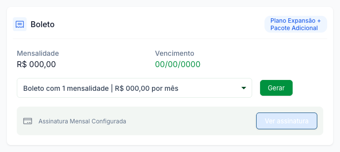 Bloco Boleto na tela inicial, com mensalidade, vencimento, seletor de tipo de boleto e o botão Gerar