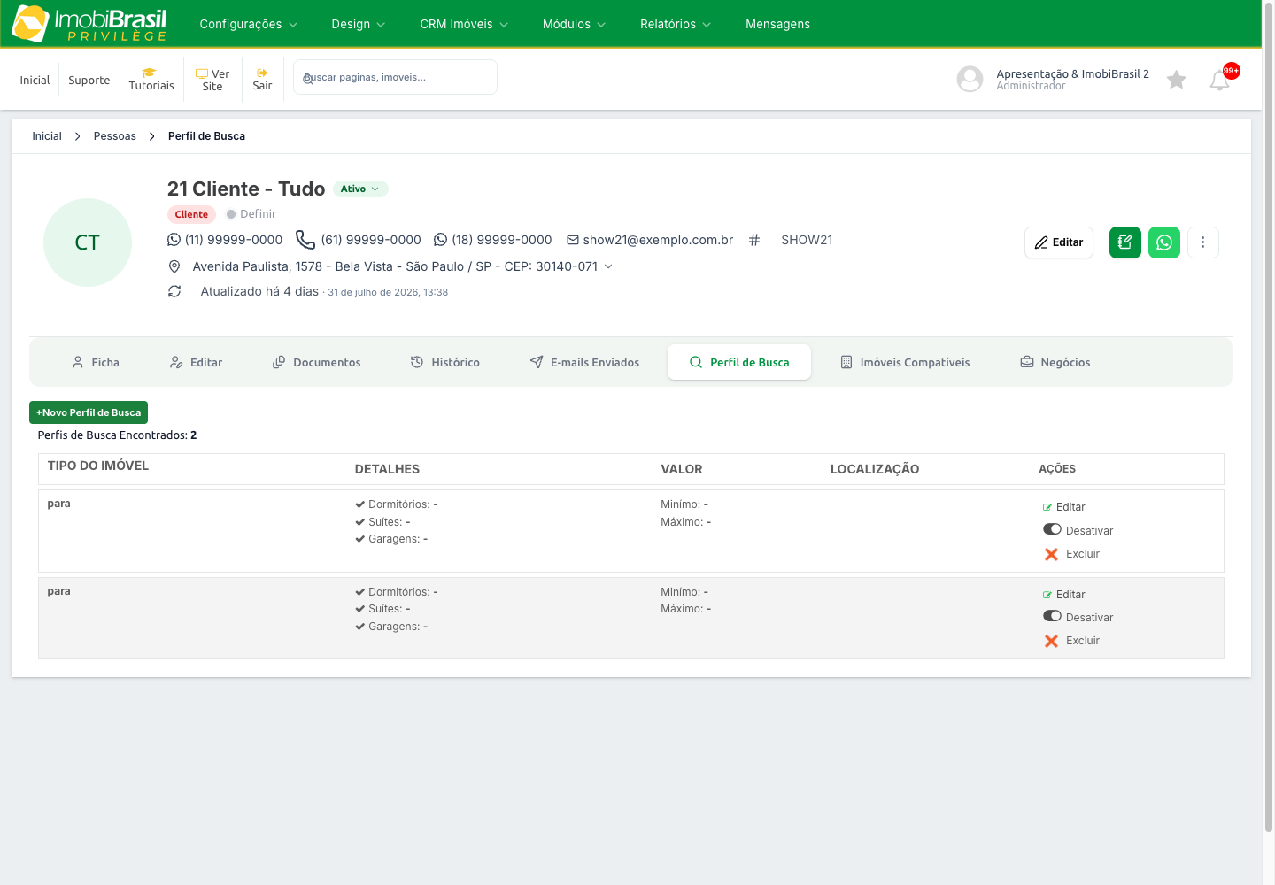 Aba Perfil de Busca com a lista de perfis e as colunas Tipo do Imóvel, Detalhes, Valor, Localização e Ações