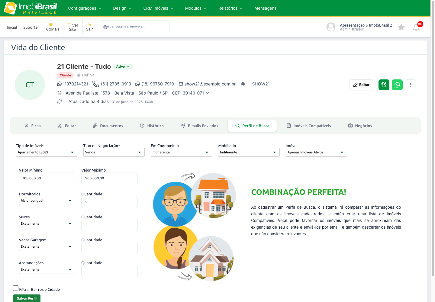 Formulário de novo perfil de busca preenchido com tipo de imóvel, negociação, faixa de valor e dormitórios