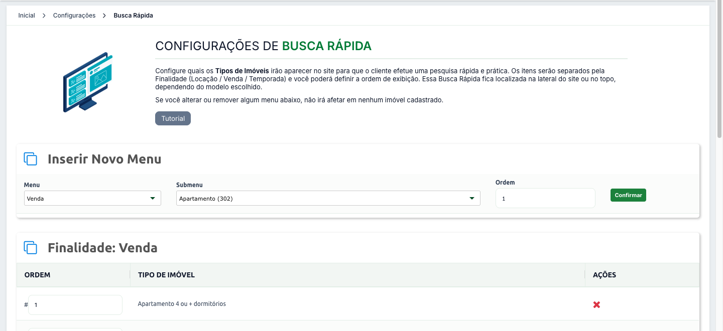 Tela Configurações de Busca Rápida, com o bloco Inserir Novo Menu e a lista por finalidade