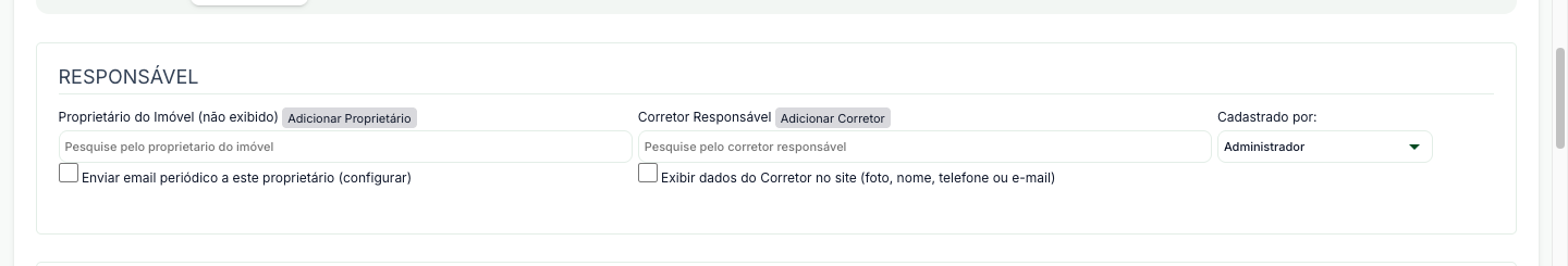Seção Responsável do cadastro do imóvel, com proprietário, corretor e o campo Cadastrado por