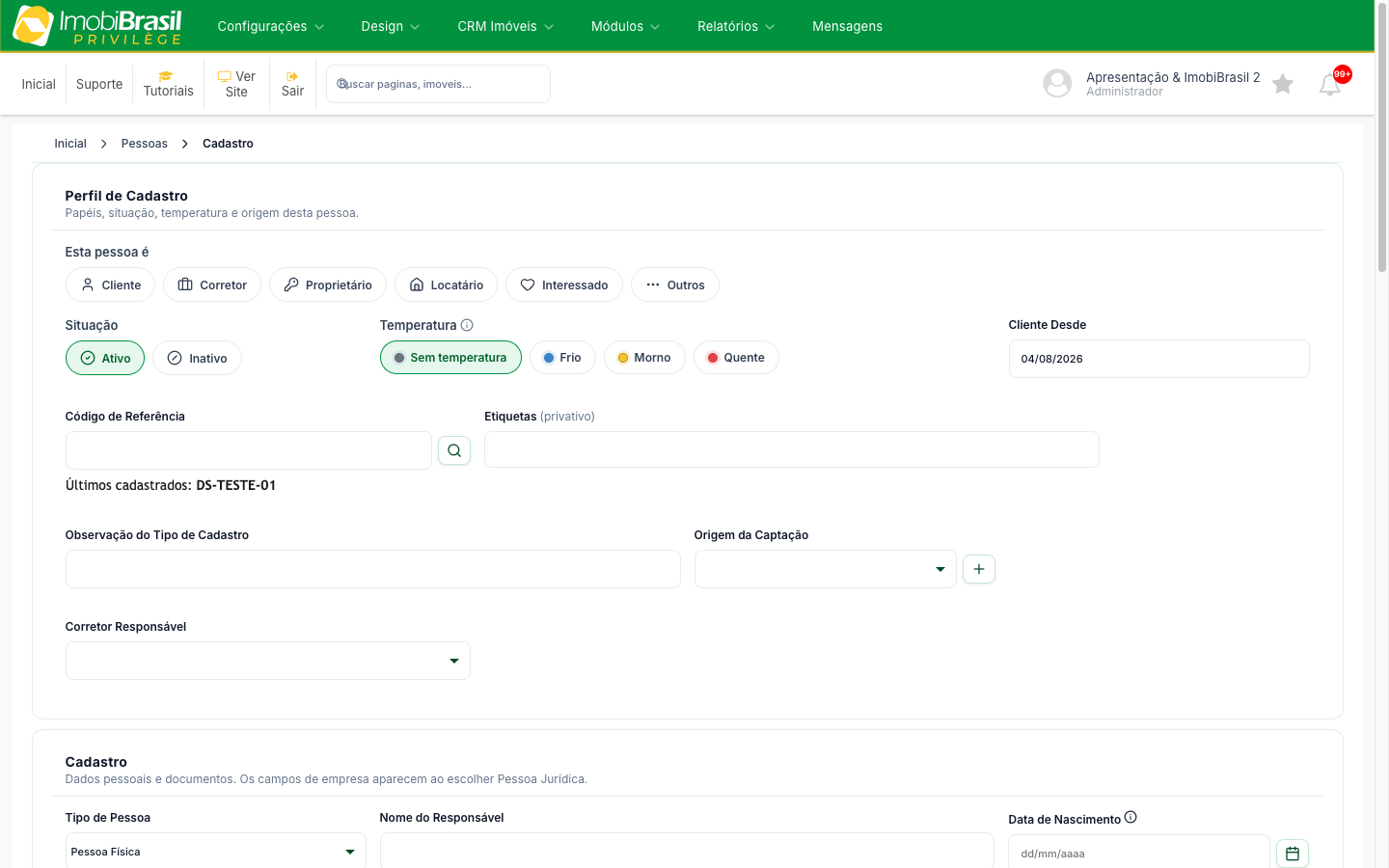 Cartão Perfil de Cadastro com os papéis, Situação, Temperatura, Cliente Desde, Código de Referência, Etiquetas, Origem da Captação e Corretor Responsável