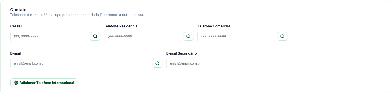 Cartão Contato com Celular, Telefone Residencial, Telefone Comercial, E-mail, E-mail Secundário e o botão Adicionar Telefone Internacional