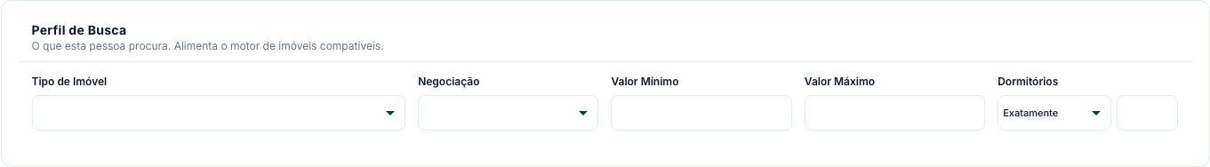 Cartão Perfil de Busca com Tipo de Imóvel, Negociação, Valor Mínimo, Valor Máximo e Dormitórios