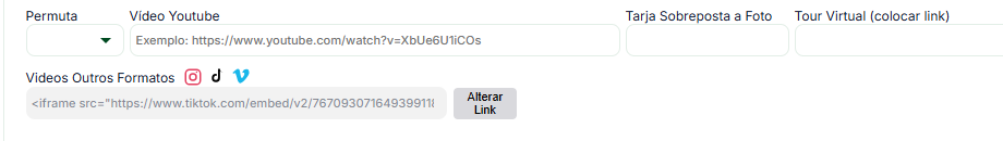 Campo Videos Outros Formatos no bloco Características, com o botão Alterar Link ao lado