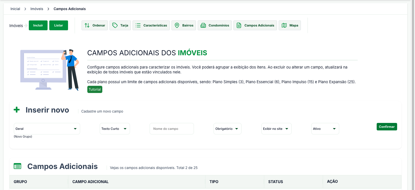 Tela Campos Adicionais dos Imóveis, com o bloco Inserir novo e a lista de campos cadastrados