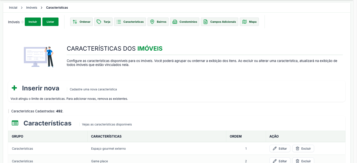 Tela Características dos Imóveis, com o total cadastrado e a lista por grupo e ordem