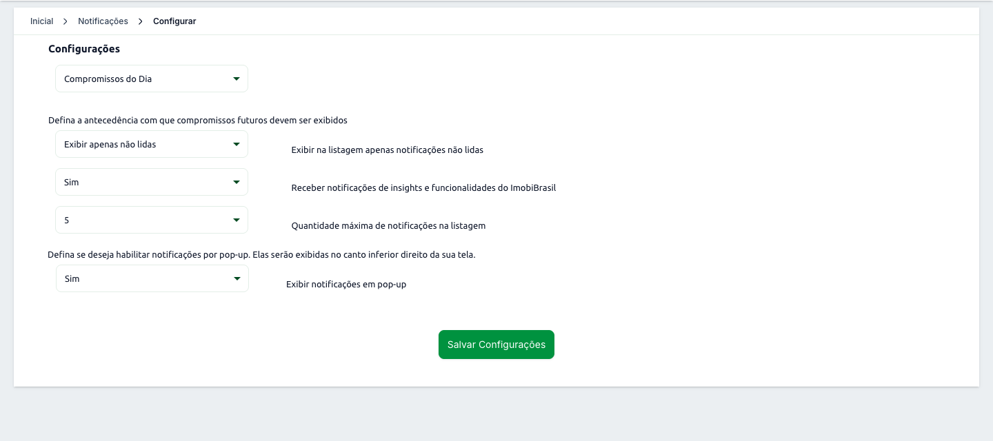 Configurações da Central de Notificações, com antecedência, filtro de não lidas, quantidade e pop-up