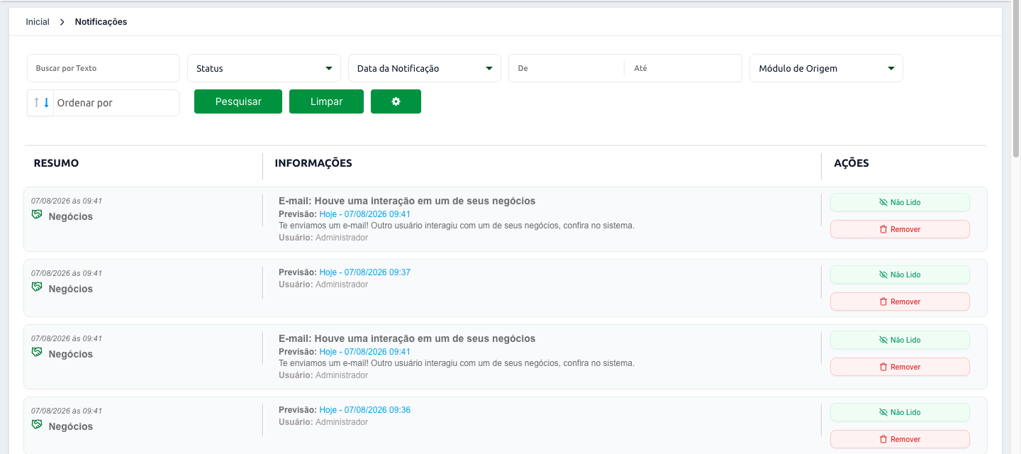Central de Notificações, com os filtros e a lista de notificações com status e ação de remover