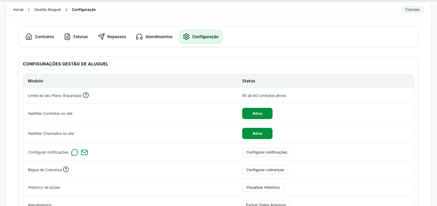 Tela Configurações Gestão de Aluguel, com o limite do plano, os interruptores de contratos e chamados no site e os atalhos de notificações e cobranças