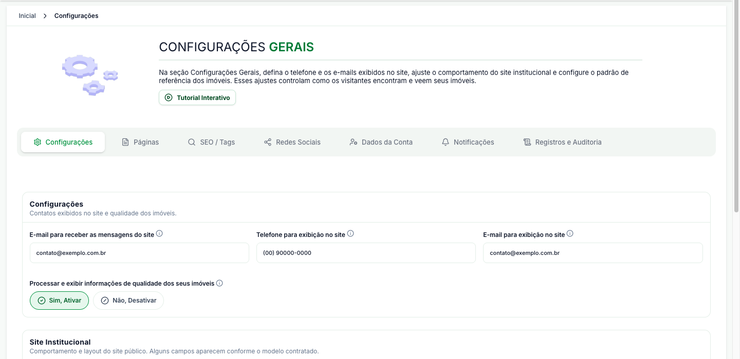 Aba Configurações dentro de Configurações Gerais, com os contatos exibidos no site, a qualidade dos imóveis e o início do bloco Site Institucional