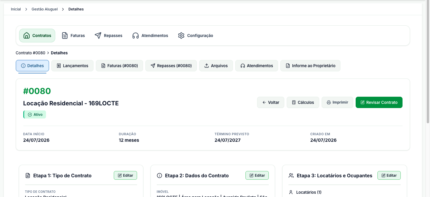 Tela de detalhes do contrato, com as abas do contrato e os cartões por etapa, cada um com o botão Editar