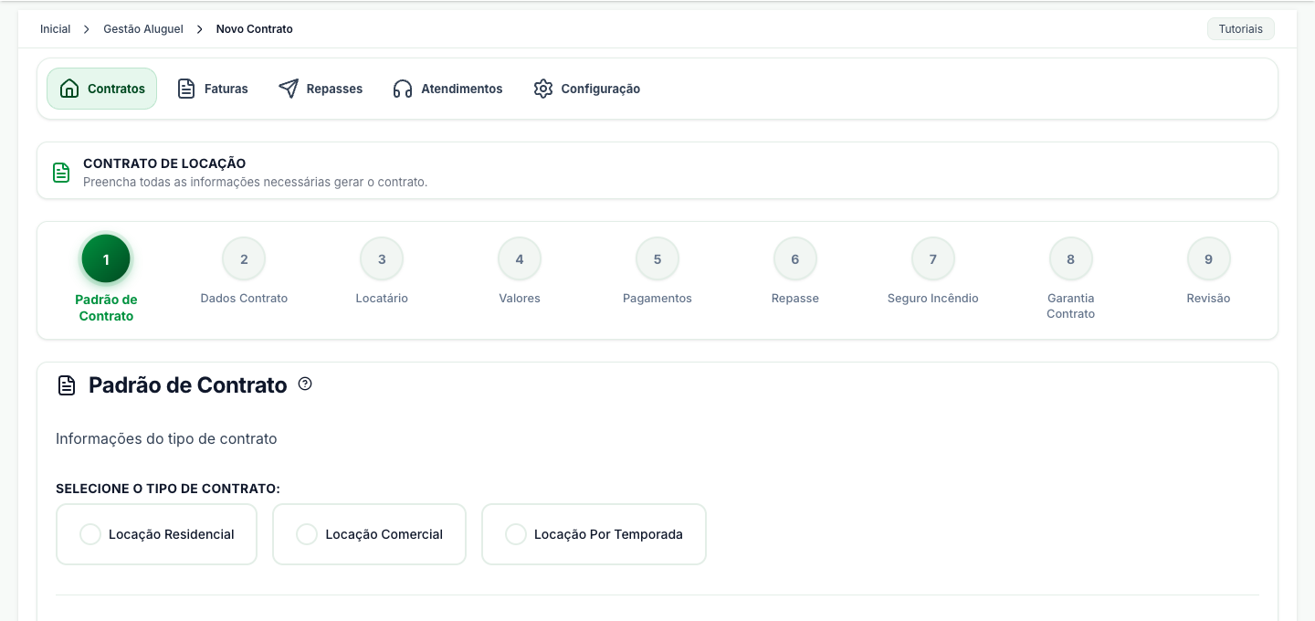 Assistente de novo contrato de locação, com as nove etapas e a escolha entre Locação Residencial, Comercial e Por Temporada