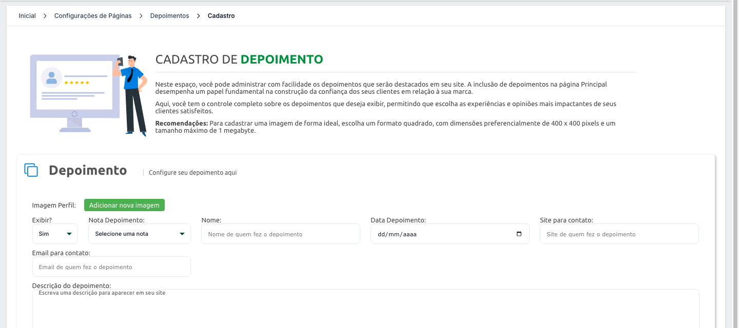 Formulário de cadastro de depoimento, com imagem de perfil, exibir, nota, nome, data, site, e-mail e descrição