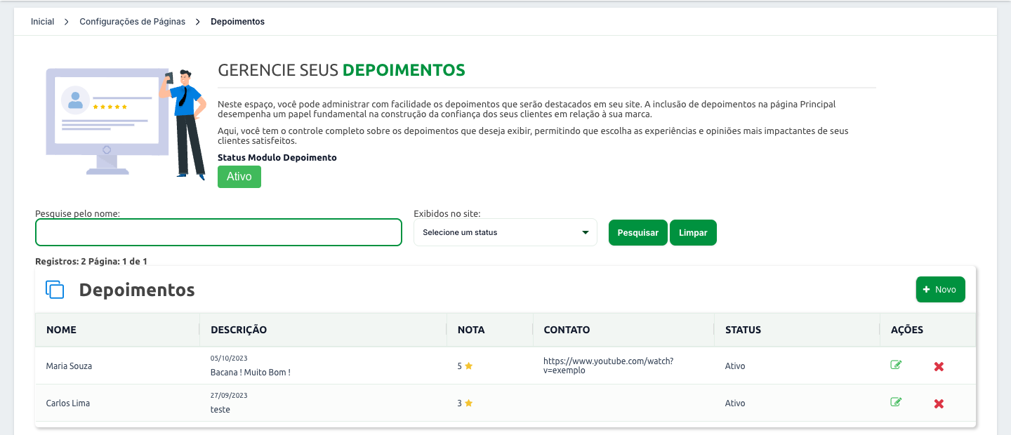 Tela Depoimentos, com o status do módulo, os filtros de pesquisa e a lista de depoimentos cadastrados