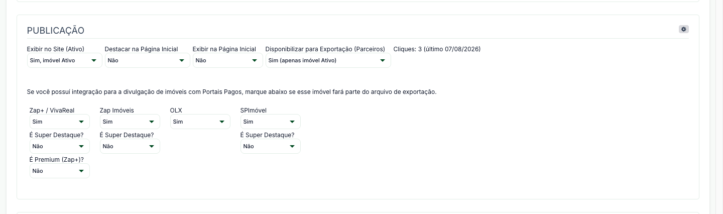 Seção Publicação do cadastro do imóvel, com o campo Exibir no Site e as opções de destaque e exportação