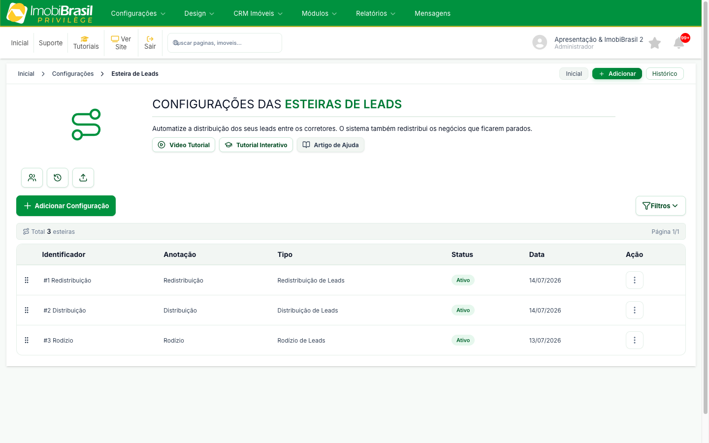 Tela de configurações das esteiras de leads, com o botão Adicionar Configuração e a lista de esteiras numeradas