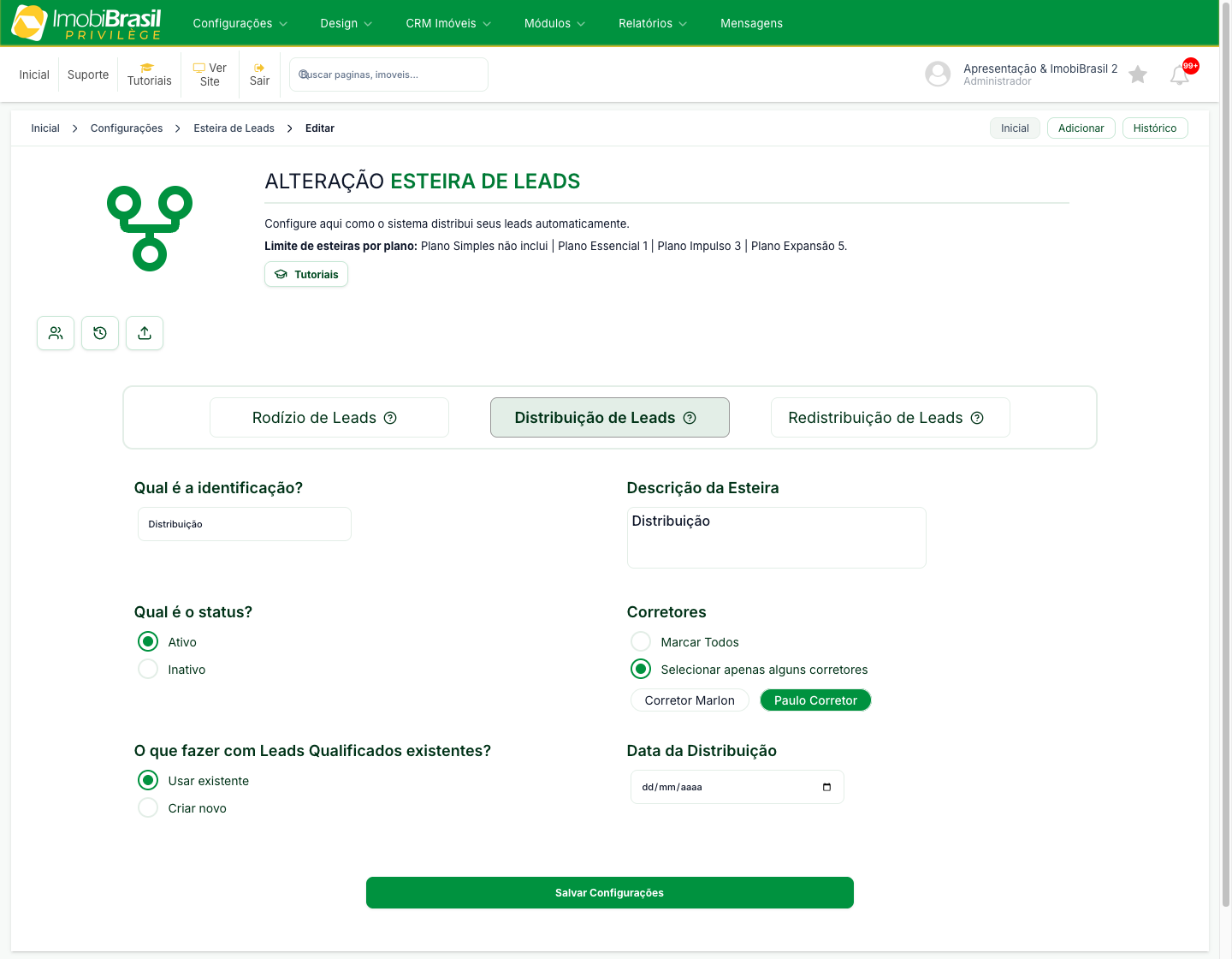 Configuração do tipo Distribuição de Leads com identificação, status, corretores e data da distribuição