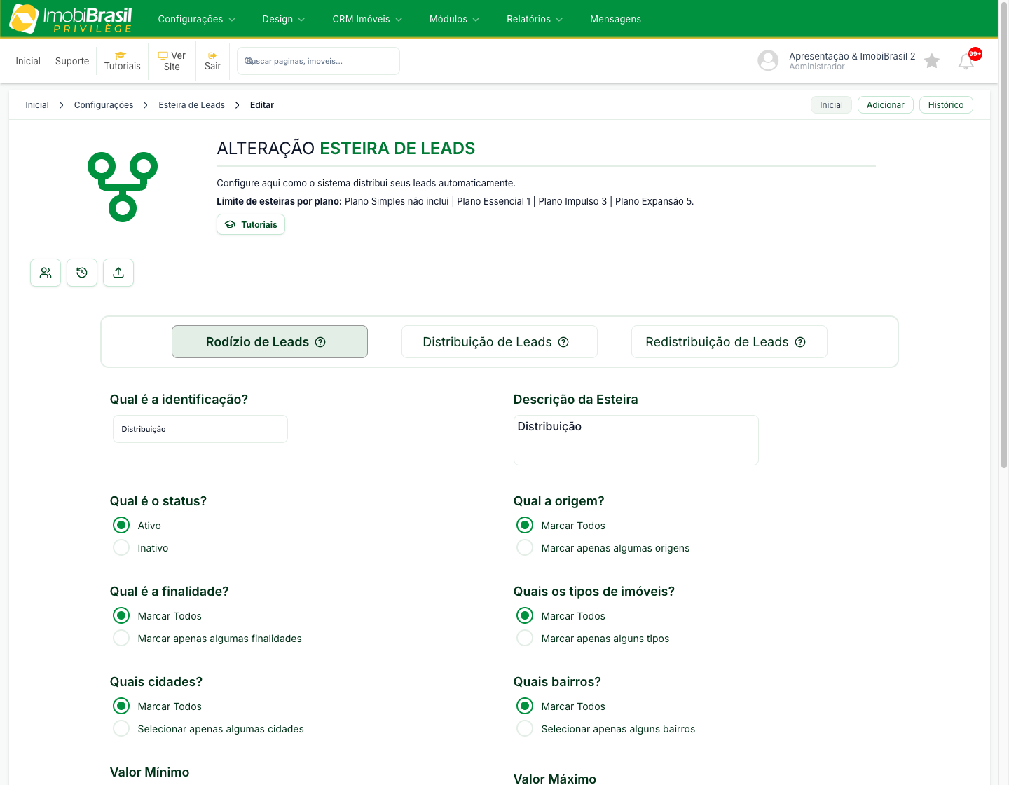 Configuração do tipo Rodízio de Leads com os filtros de origem, finalidade, tipos de imóveis, cidades e bairros