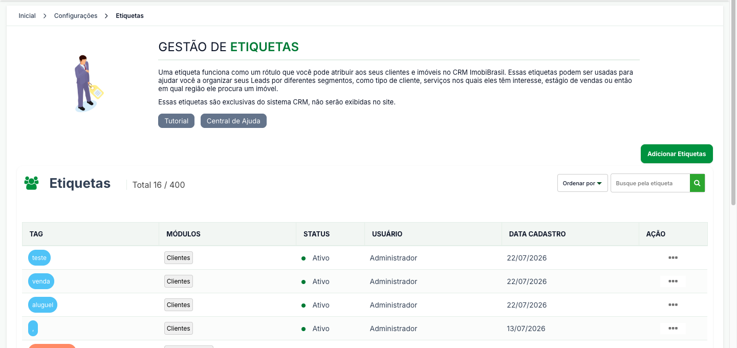 Tela Gestão de Etiquetas, com o contador de etiquetas e a lista por módulo e status