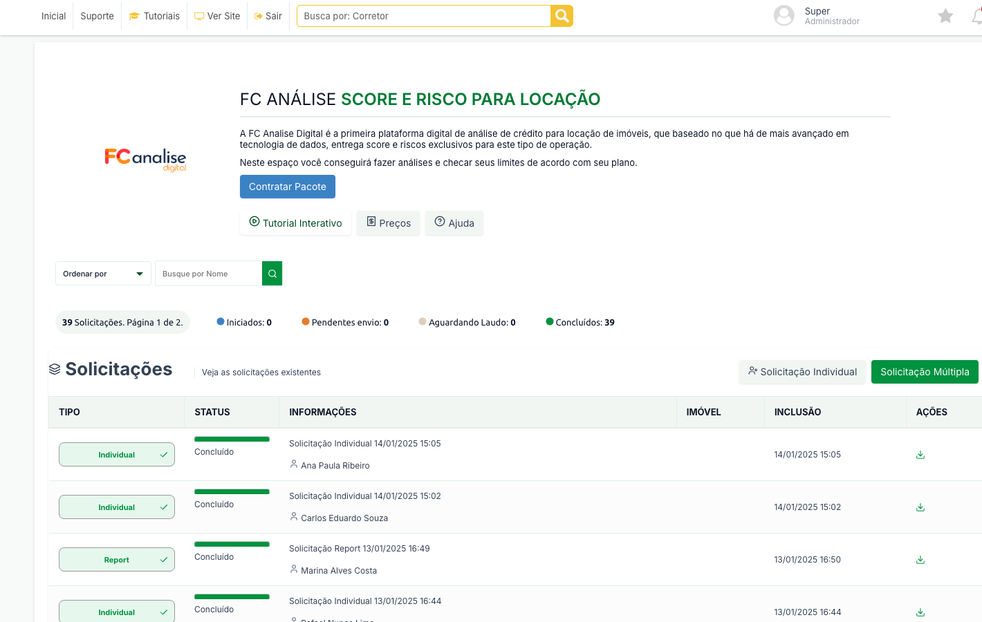 Tela FC Análise, com o resumo das solicitações por situação e a tabela de solicitações