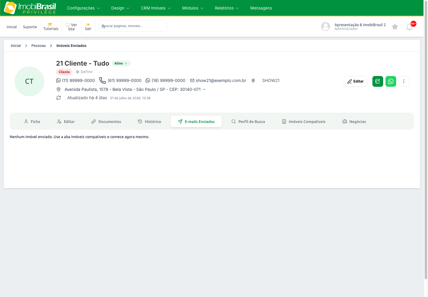 Aba E-mails Enviados, com os imóveis já ofertados ao contato