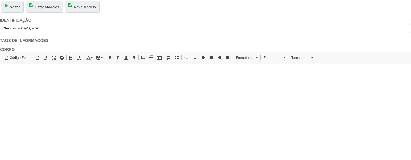 Editor de modelo de ficha, com o campo Identificação e o editor de texto do corpo