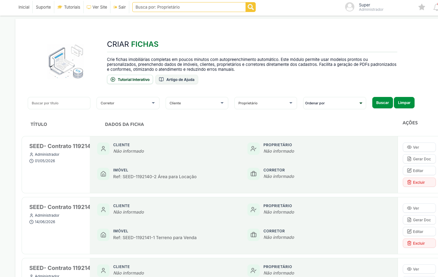 Tela Criar Fichas, com a lista de fichas geradas e a busca