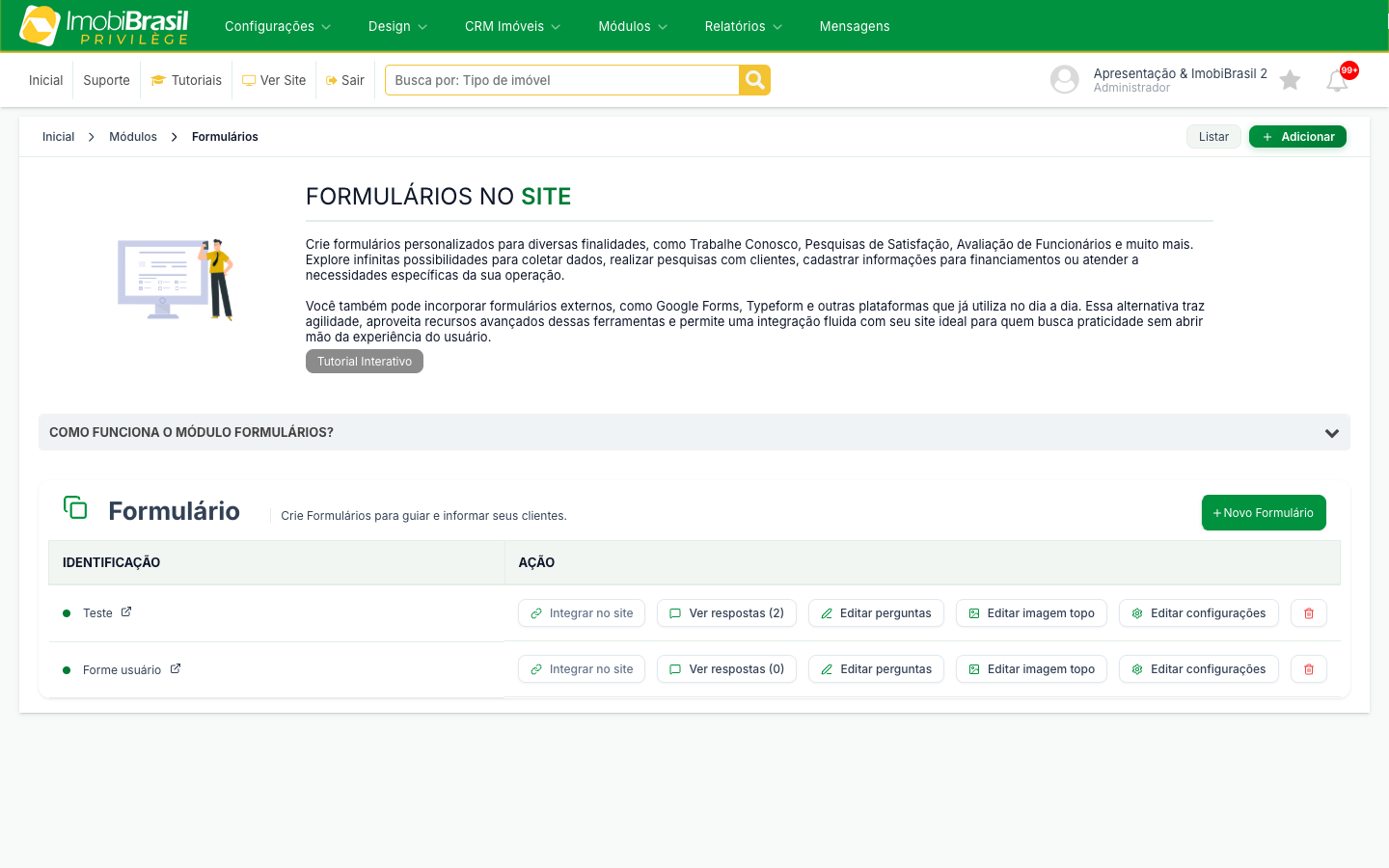 Listagem de formulários com as ações de integrar, ver respostas e editar
