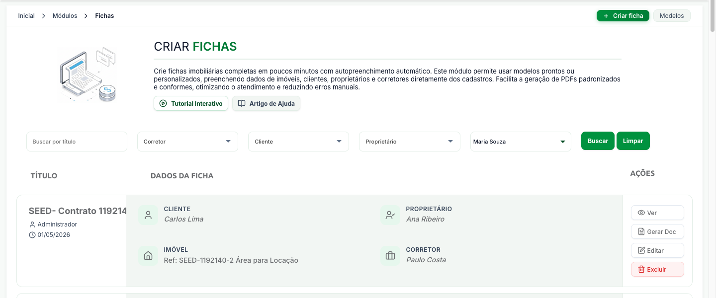 Tela Criar Fichas do módulo Fichas, com os filtros e a lista de fichas geradas