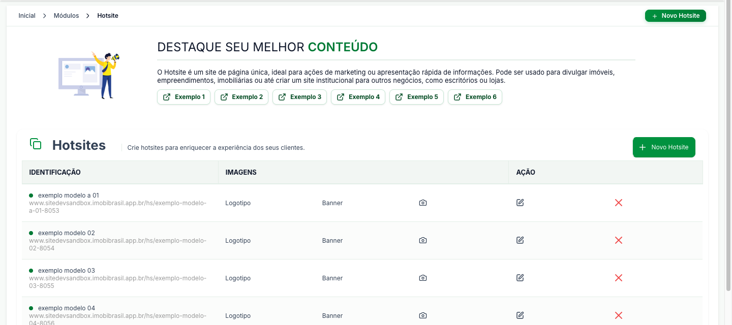 Tela Hotsite, com os seis exemplos de modelo e a lista de hotsites criados, mostrando identificação, endereço, imagens e ações