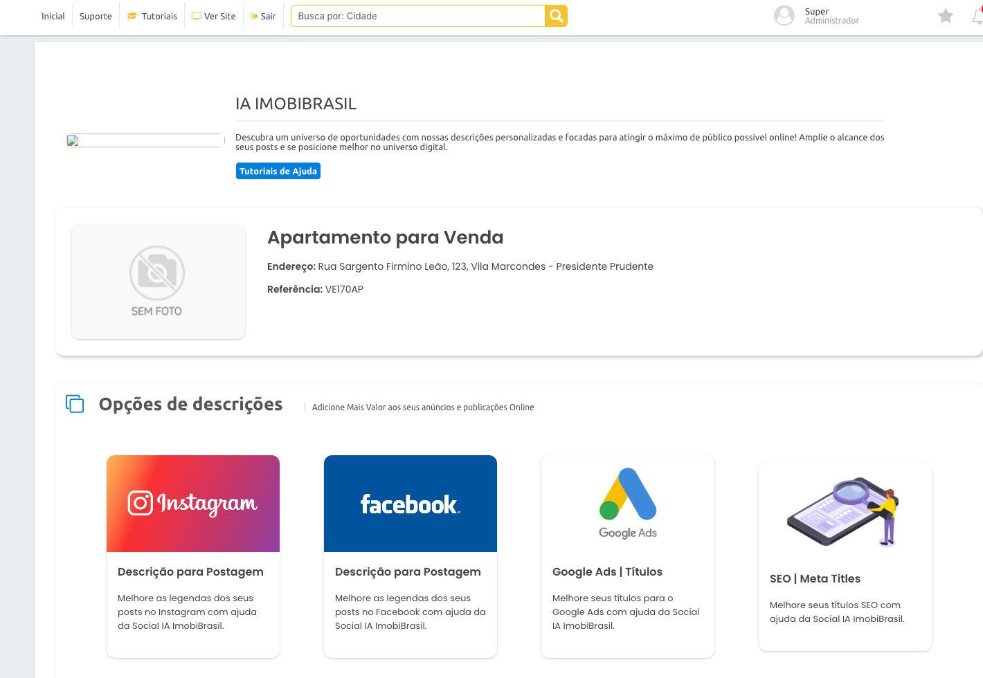Tela IA ImobiBrasil, com os cartões de descrição para Instagram, Facebook, Google Ads e SEO