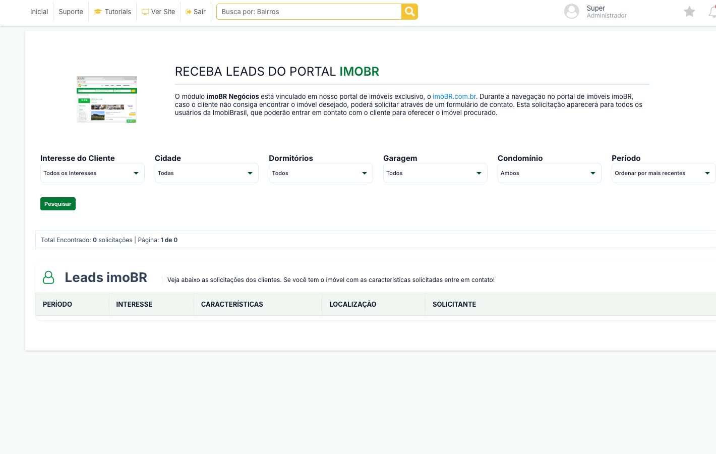 Tela do módulo imoBR Negócios, com os filtros e a tabela Leads imoBR