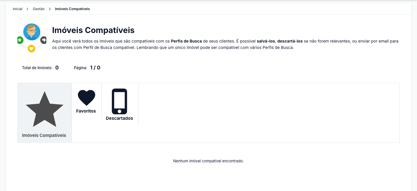 Tela Imóveis Compatíveis do menu Gestão, com as abas Imóveis Compatíveis, Favoritos e Descartados