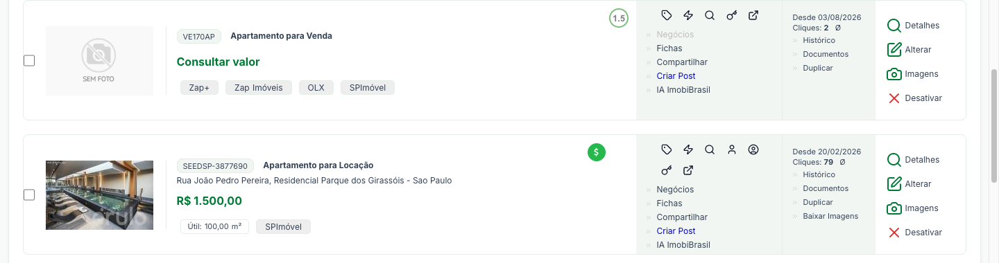 Duas linhas da listagem de imóveis, com foto, referência, título, valor, portais vinculados e as ações Detalhes, Alterar, Imagens e Desativar
