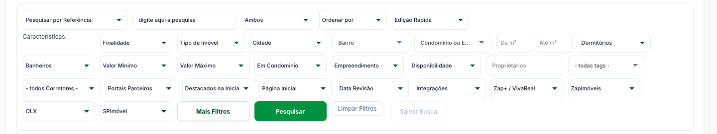 Painel de filtros da tela Listar Imóveis, com finalidade, tipo, cidade, bairro, área, valor, corretor, portais e o botão Pesquisar